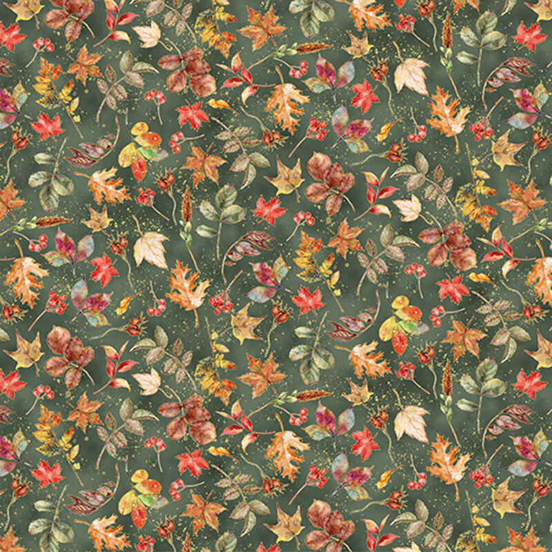 Gray-green fabric with various colorful scattered fall leaves.