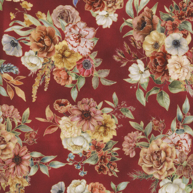 Fabric in a pattern of colorful flowers, including roses and anemones, on a cranberry red background.