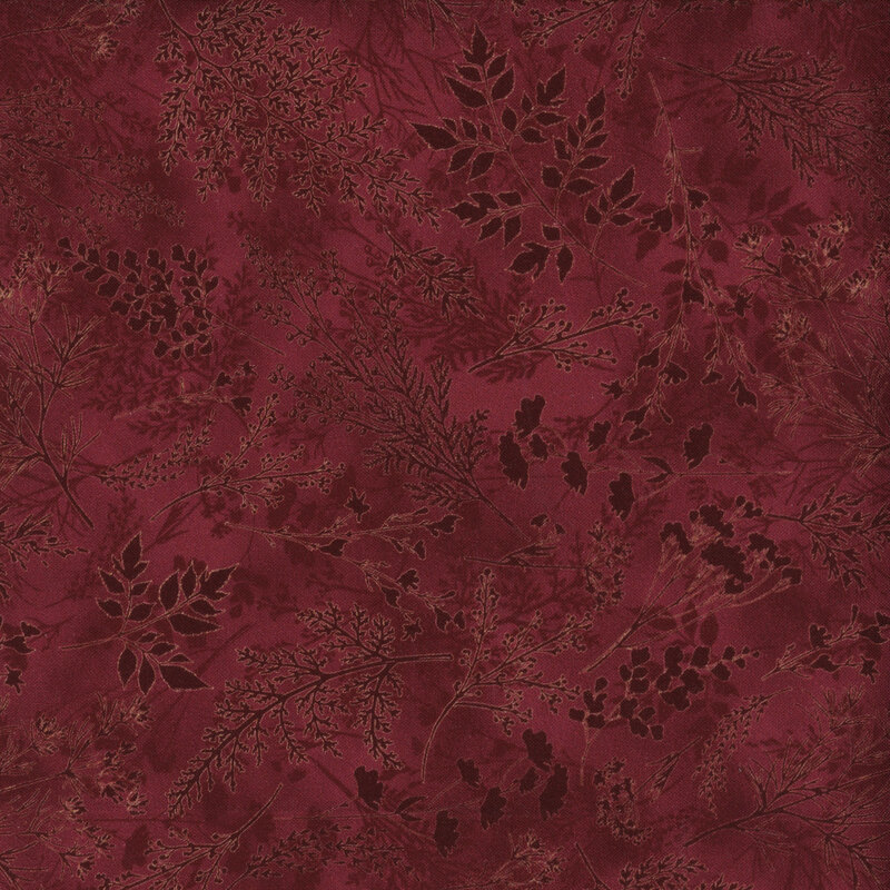 Maroon fabric with delicate, tonal sprigs and leaves.