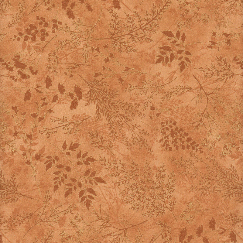 Orange fabric with delicate, tonal sprigs and leaves.