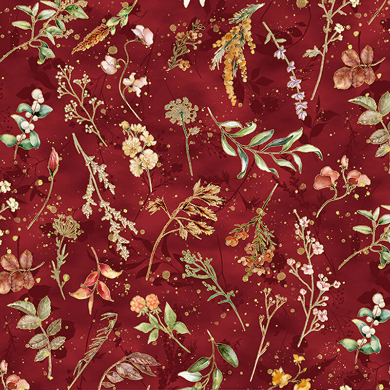 Maroon fabric with various sprigs and flowers on a shadowed background.