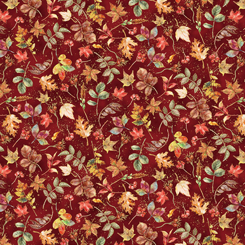 Maroon fabric with various colorful scattered fall leaves.