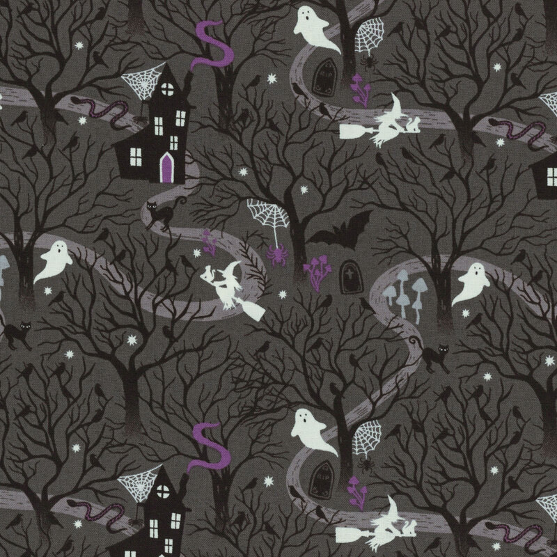 A pattern of black trees, ghosts, bats, cats, and haunted houses on a charcoal background.