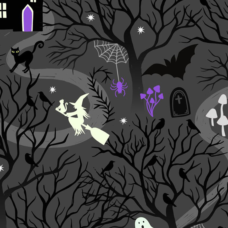 A pattern of black trees, ghosts, bats, cats, and haunted houses on a charcoal background.