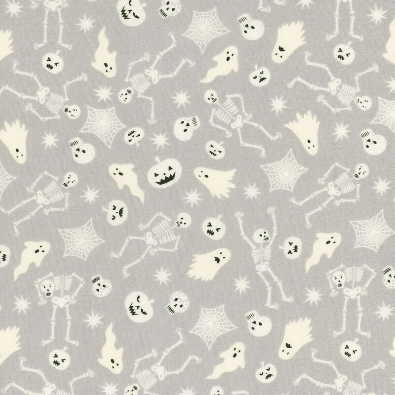 A gray background filled with white Halloween motifs like skeletons, ghosts, skulls, and spiderwebs.