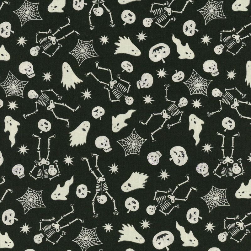 A black background filled with white Halloween motifs like skeletons, ghosts, skulls, and spiderwebs.
