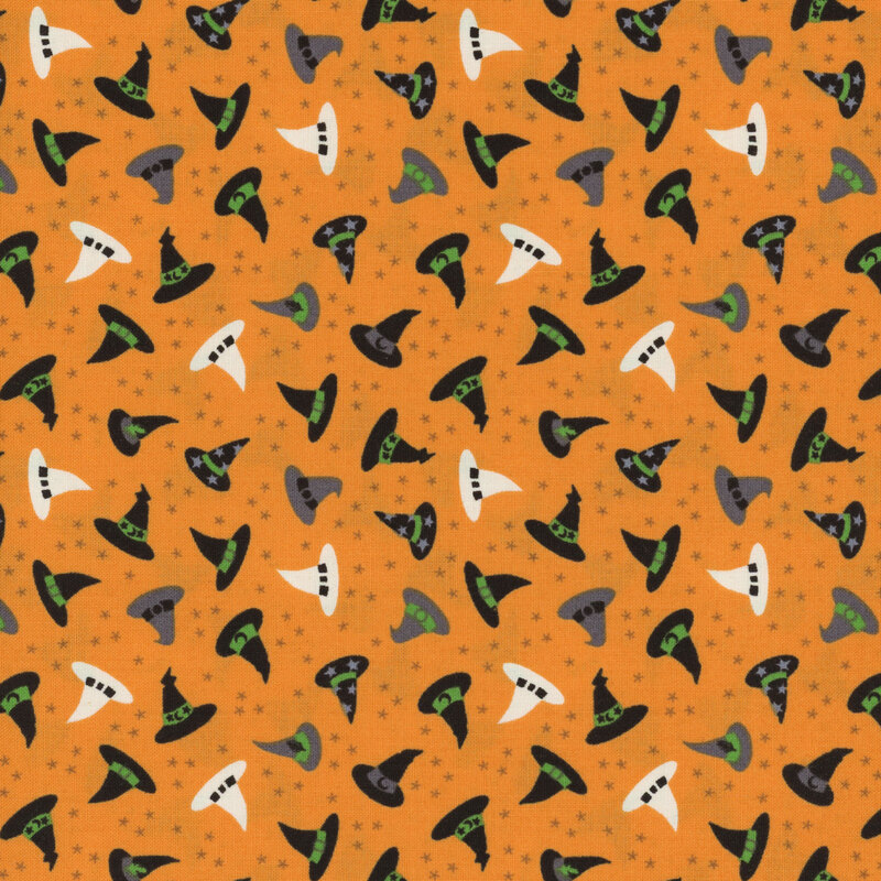 Various witch hats in black, orange, white, and purple on an orange background with tiny stars.
