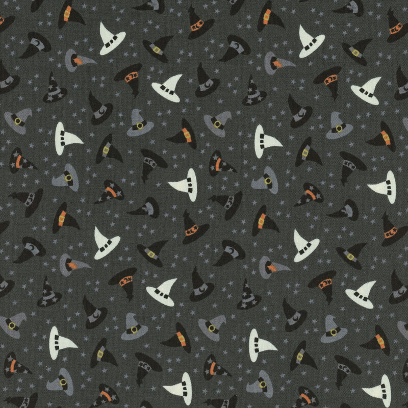 Various witch hats in black, orange, white, and purple on a dark gray background with tiny stars.