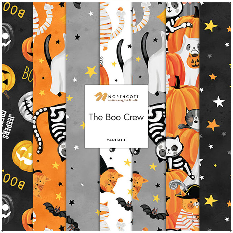 A collage of fabrics featuring Halloween-themed designs in orange, black, and gray with the text The Boo Crew.