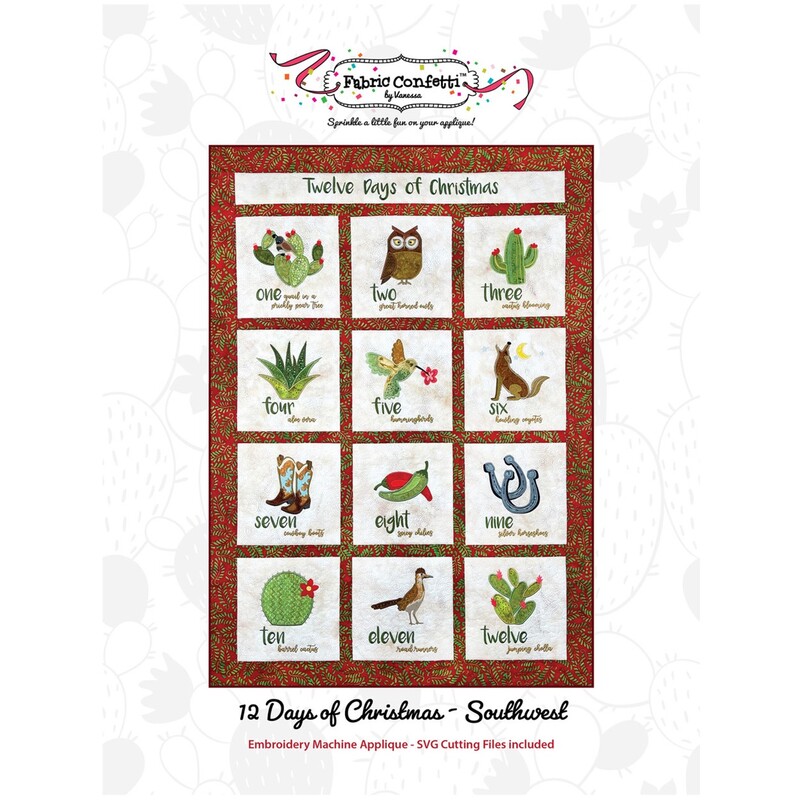 12 Days of Christmas Southwest Pattern front cover featuring non-traditional 12 days of Christmas with cacti and cowboy boots 