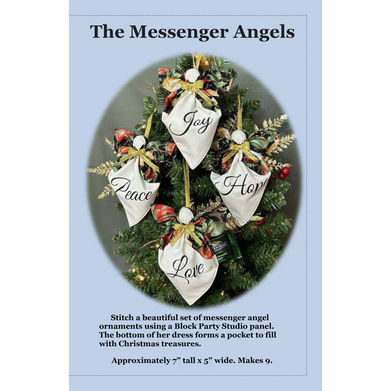 The front of The Messenger Angels pattern by J. Minnis Designs featuring 4 angels made of panels on a Christmas wreath