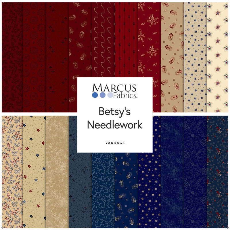 Collage of the red, cream, and blue fabrics in the Betsy's Needlework collection.