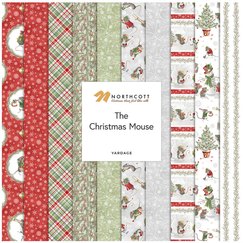 Collage of 10 of the 11 fabrics available in The Christmas Mouse flannel collection.