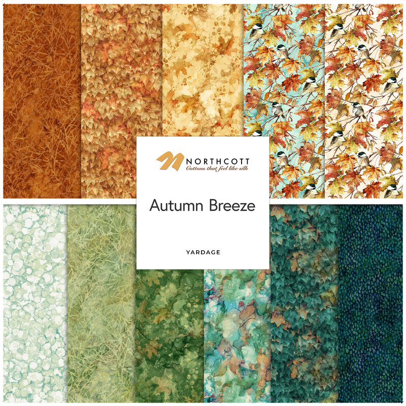 Collage of autumn fabrics included in the Autumn Breeze fabric collection