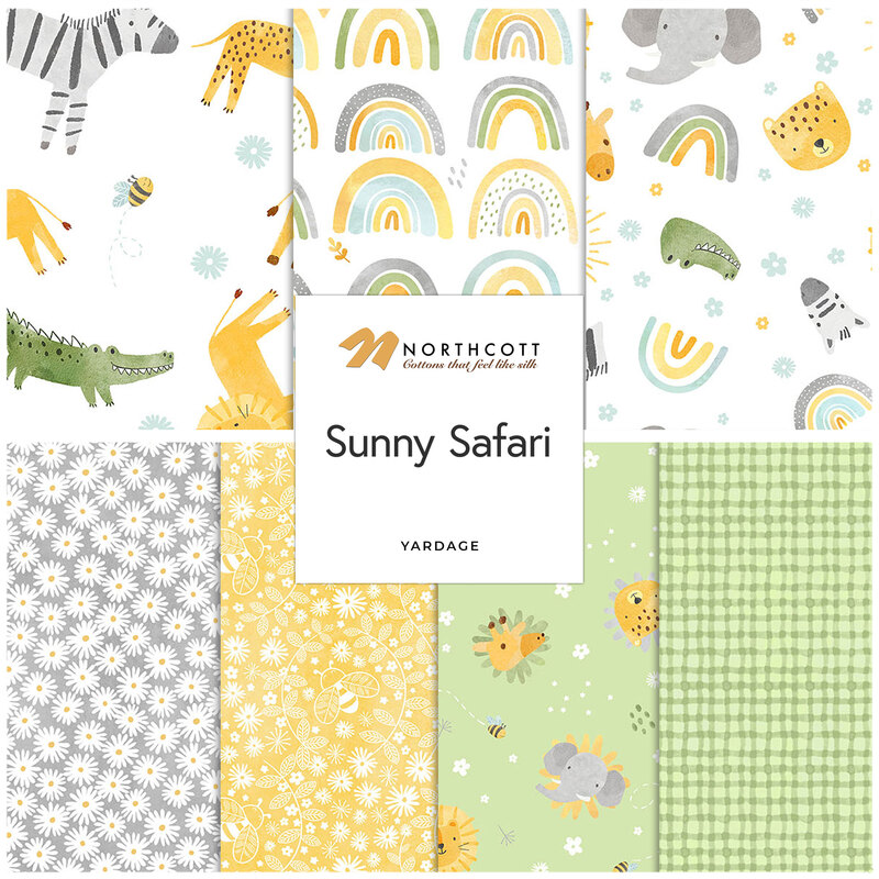 Collage of animals, flowers, bees, and rainbows in the Sunny Safari collection