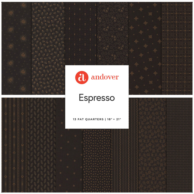 A collage of black fabrics included in the Espresso FQ Set.