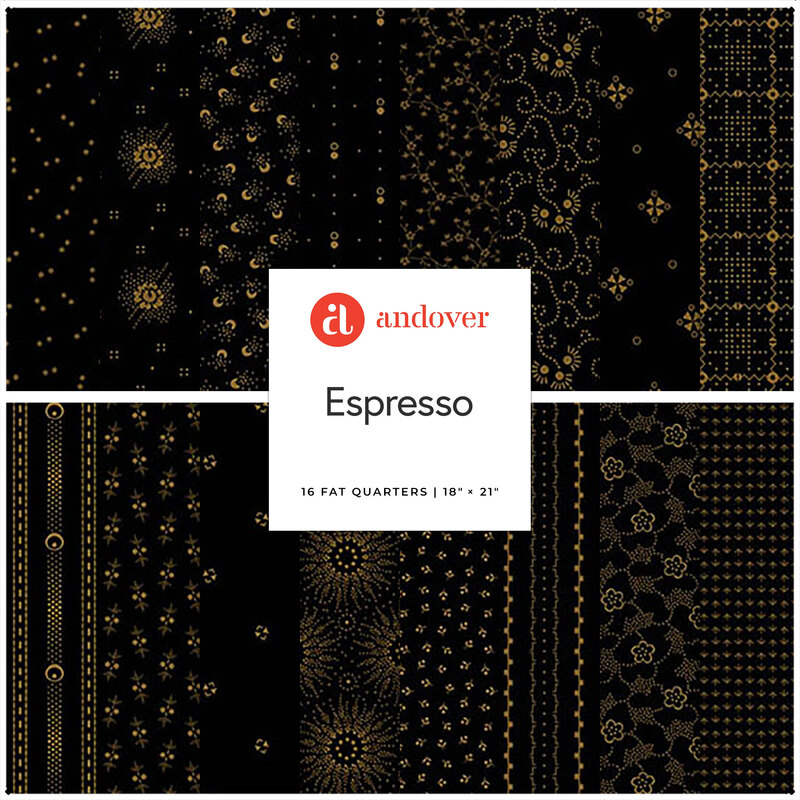 A collage of black fabrics included in the Espresso FQ Set.