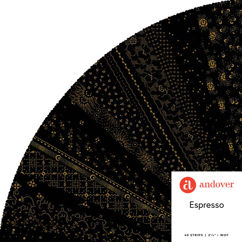 A fanned collage of dark black fabrics with golden accents and an Andover tag in the bottom right corner