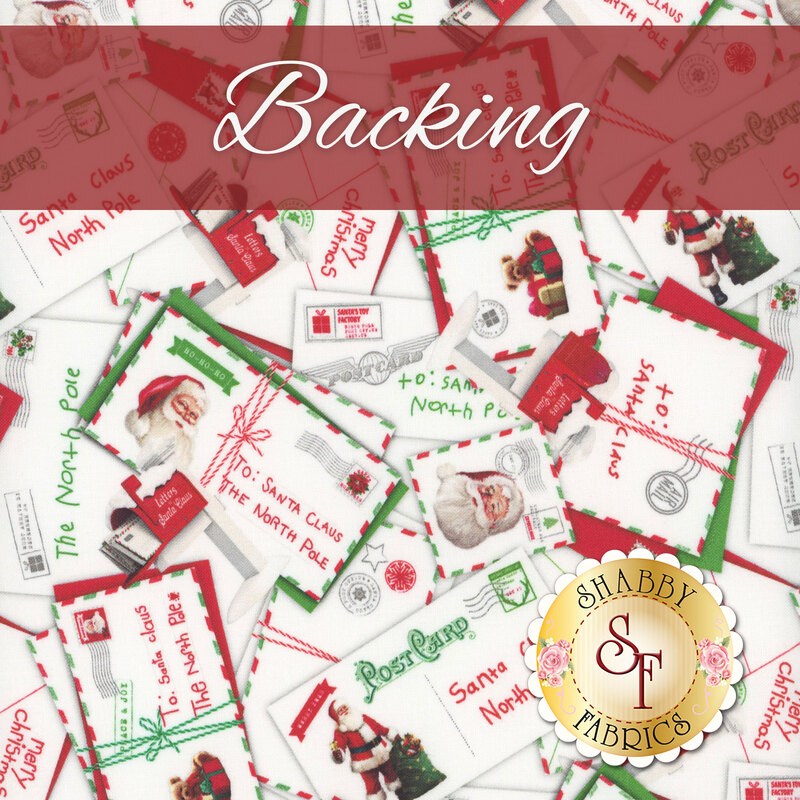 A swatch of white fabric with packed letters to Santa featuring red and green papers and text accents. A red banner at the top reads 