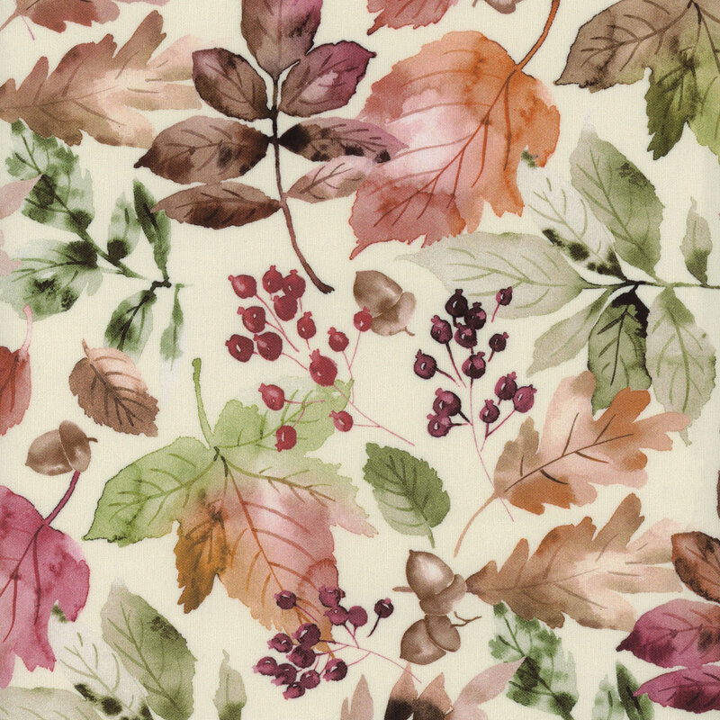 A pattern of watercolor leaves and berries in autumn colors on a light background.