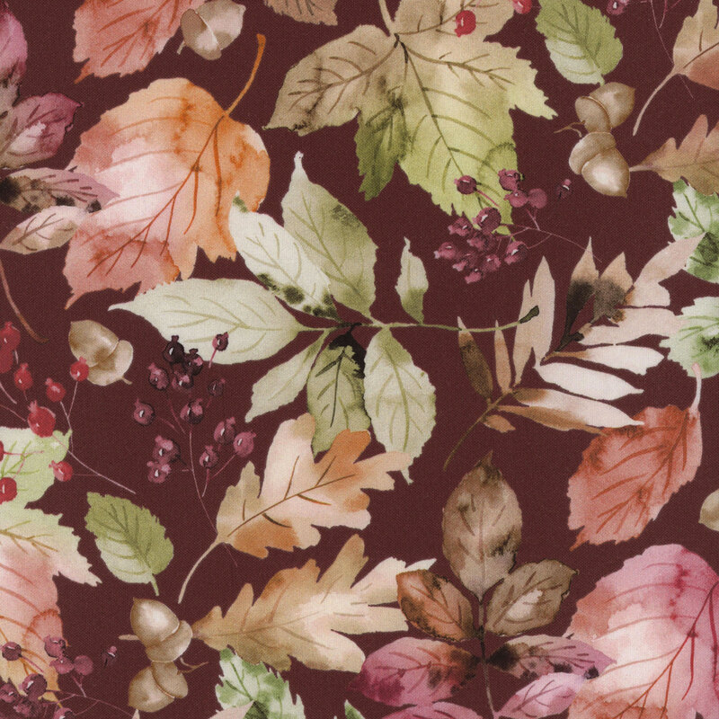 A pattern of colorful fall leaves and acorns on a deep maroon background.