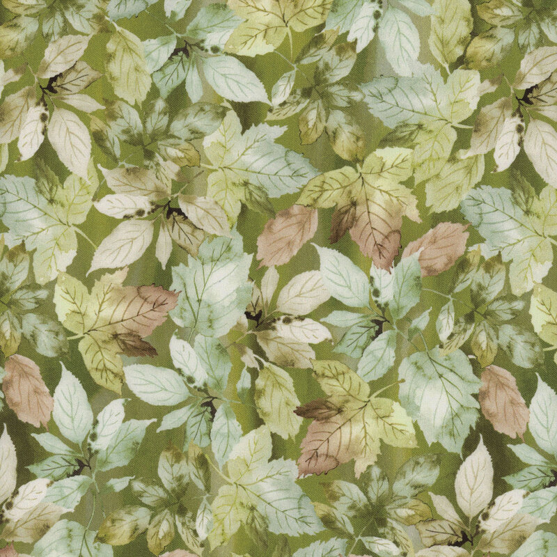 A seamless pattern of various green and brown watercolor leaves on a soft, green background.