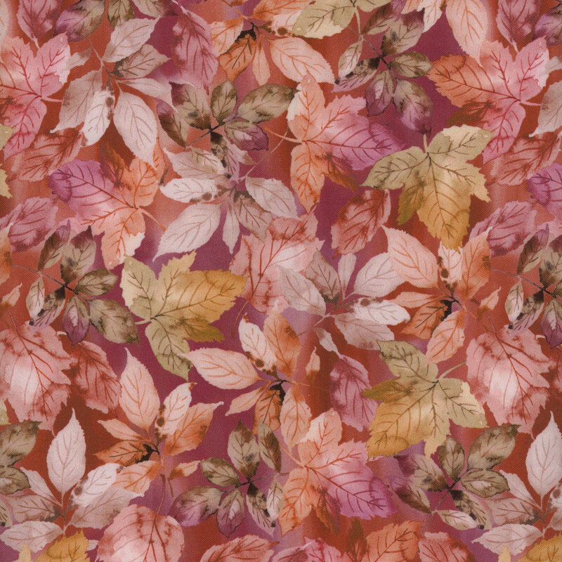 A vibrant, colorful pattern of autumn leaves in shades of orange, pink, and brown on a soft background.