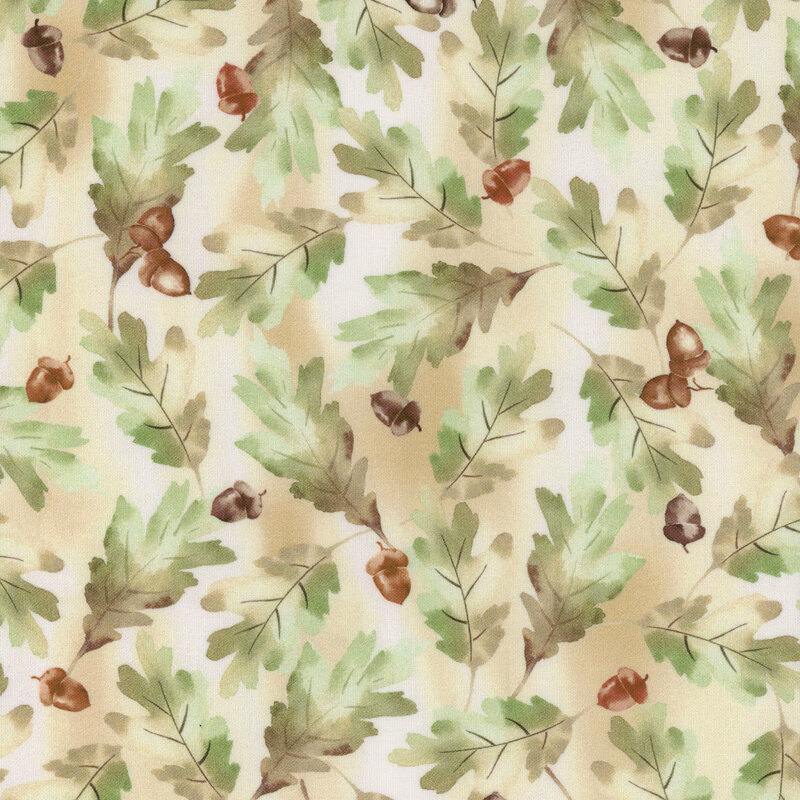 Pattern of green oak leaves and acorns on a light beige background, featuring soft watercolor style.