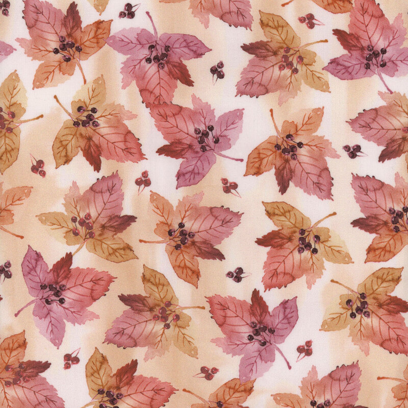 A patterned fabric featuring watercolor leaves in shades of red, orange, and brown against a light background.