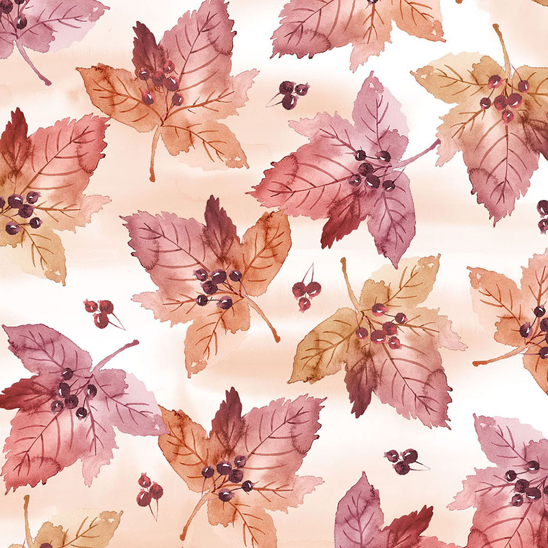 A patterned fabric featuring watercolor leaves in shades of red, orange, and brown against a light background.