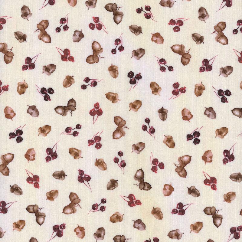 Pattern of watercolor acorns and cherries in earthy tones on a light background.