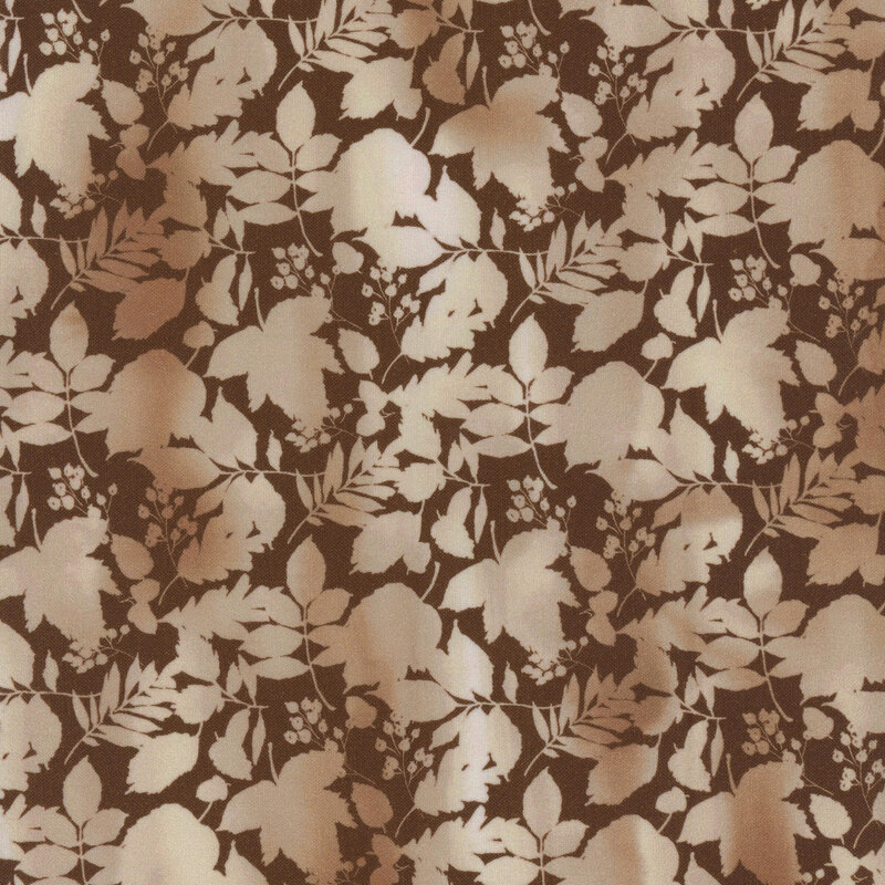 Seamless floral pattern featuring leaf and berry silhouettes in shades of beige on a brown background.