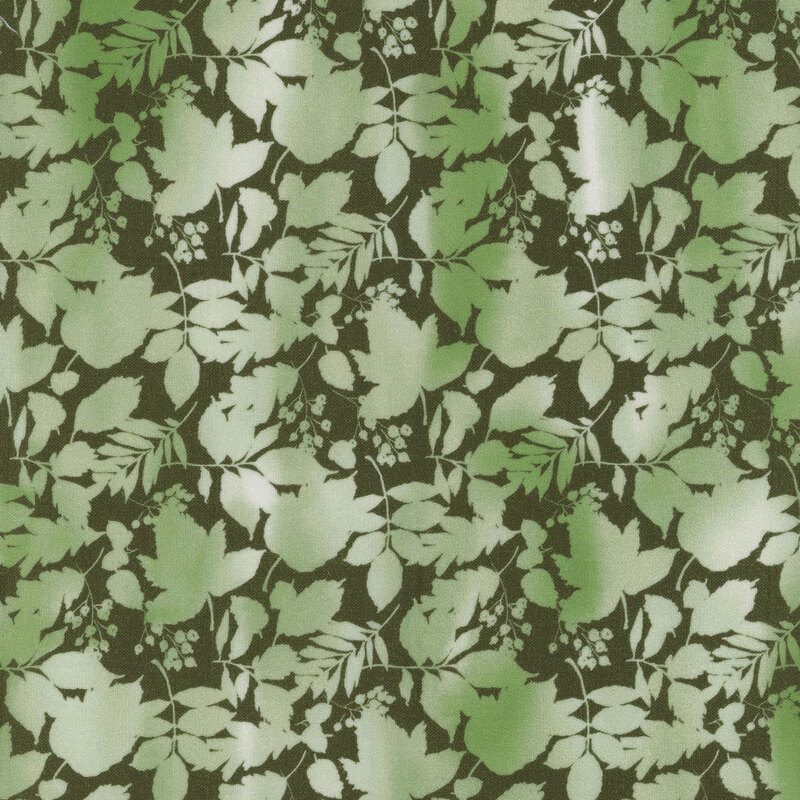 A seamless pattern of various green leaves and delicate branches on a muted green background.