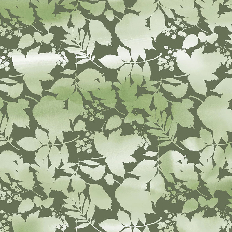 A seamless pattern of various green leaves and delicate branches on a muted green background.