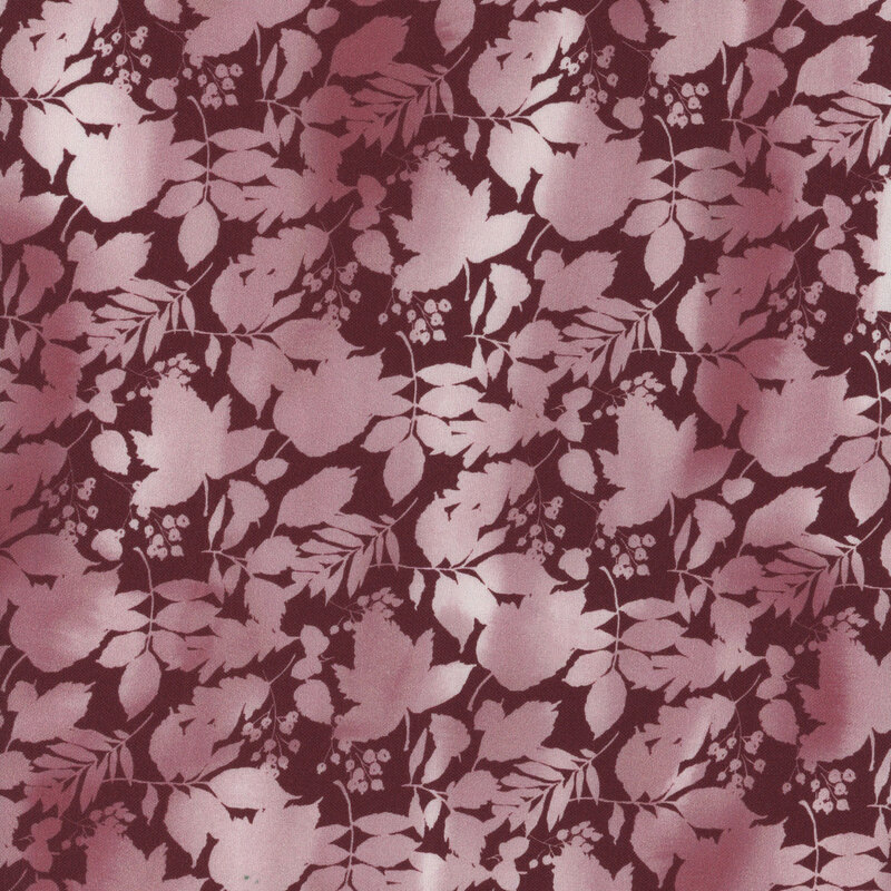 Floral pattern with soft pink leaves and branches on a burgundy background.