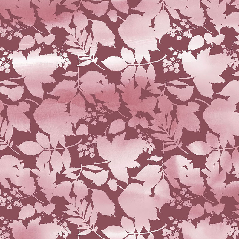 Floral pattern with soft pink leaves and branches on a burgundy background.