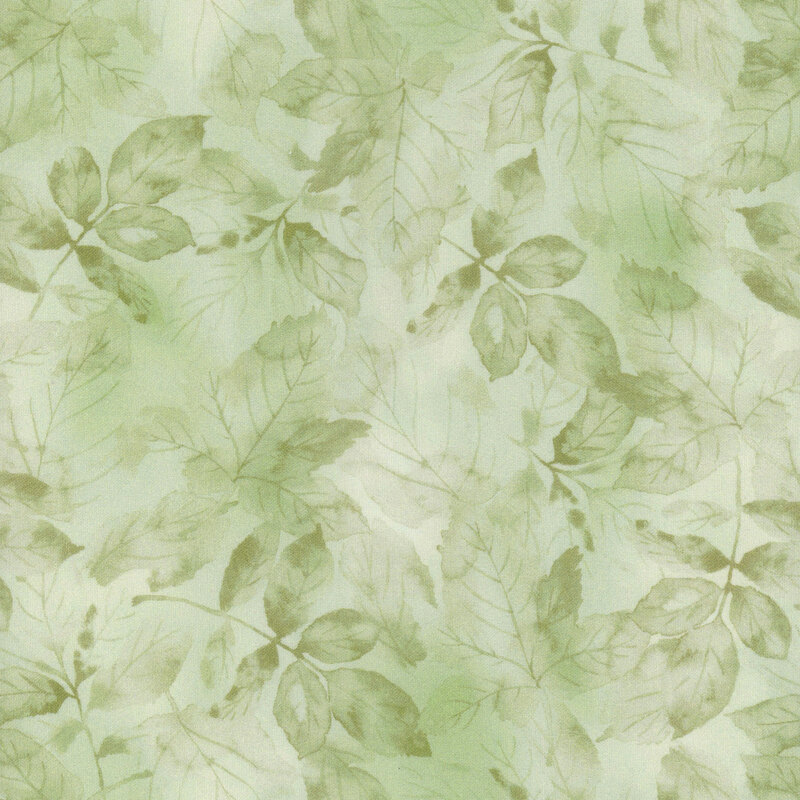 A soft, pastel green background featuring a pattern of delicate watercolor leaves.