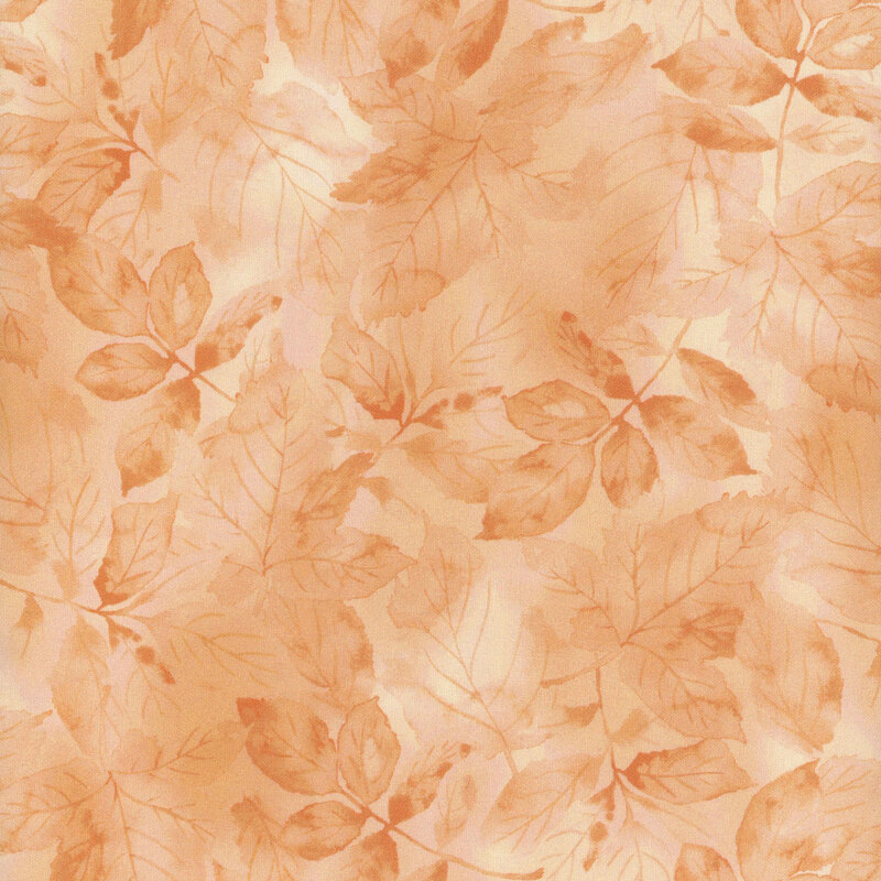 A soft, orange-toned background featuring delicate watercolor-style leaves in various sizes and shapes.