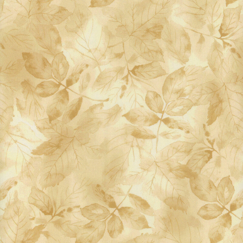 Light beige background with softly painted leaves in varying shades of brown.