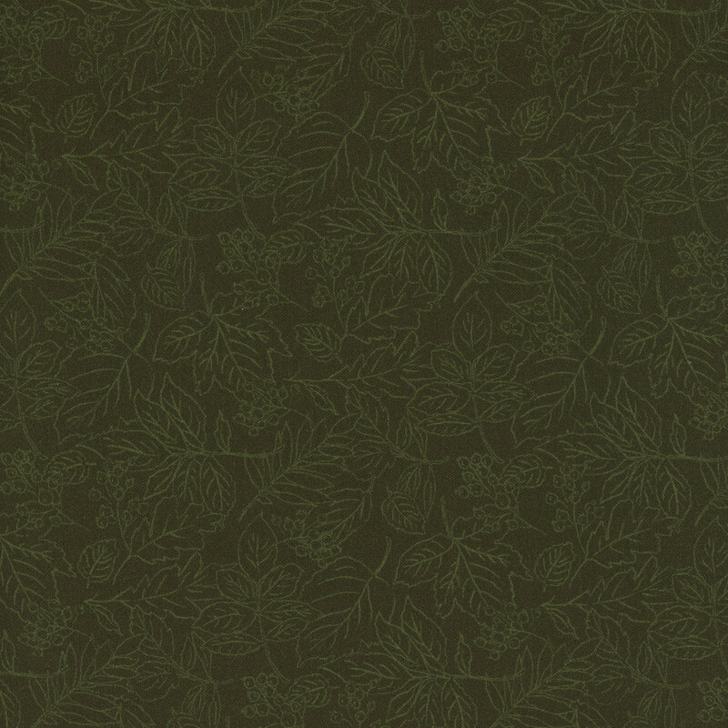 Seamless pattern of outlined green leaves and berries on a dark green background.