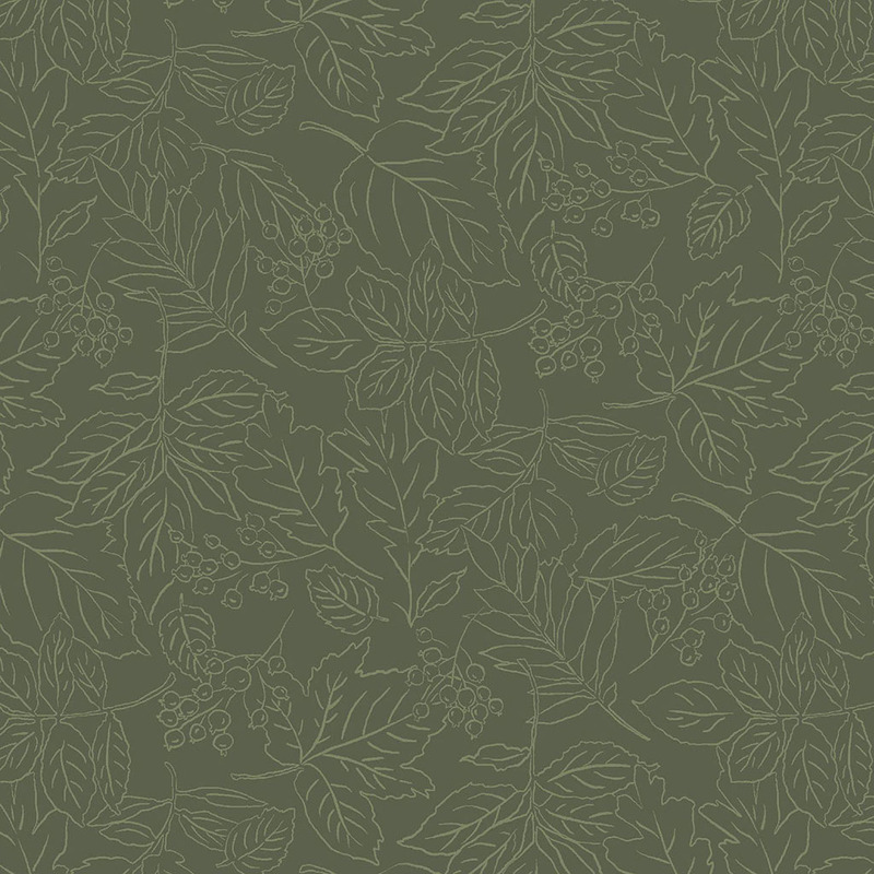 Seamless pattern of outlined green leaves and berries on a dark green background.