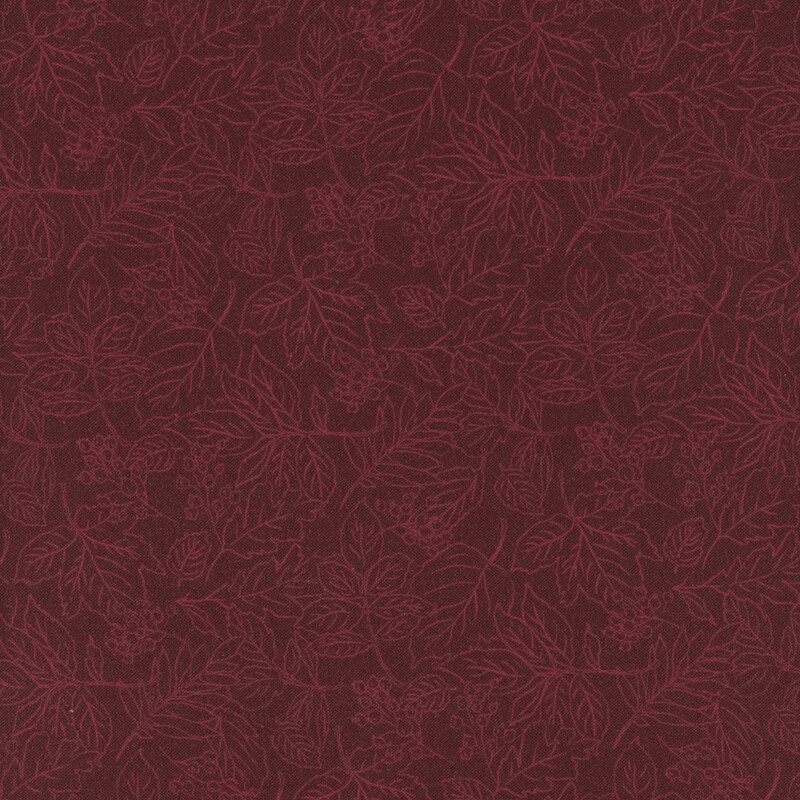 Red patterned fabric featuring intricate outlines of leaves and berries.