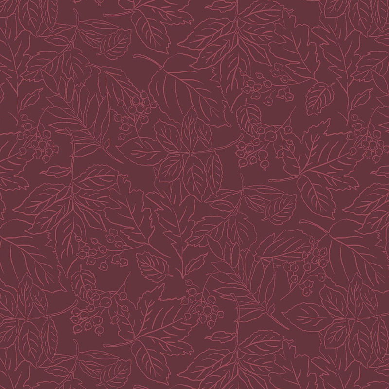 Red patterned fabric featuring intricate outlines of leaves and berries.