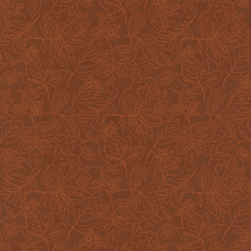 A seamless pattern of line-drawn leaves and berries on a brown background.