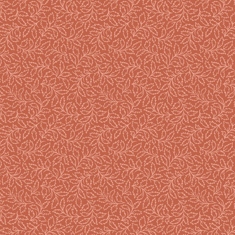 A repetitive floral pattern in a warm, rust-colored background with light detailing.