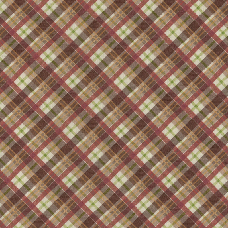 Diagonal plaid pattern featuring brown, green, white, and orange squares and stripes.