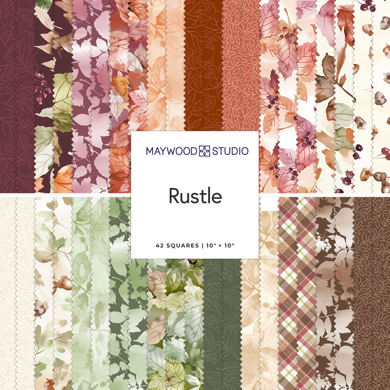 A collection of 42 fabric squares in autumn colors and leaf patterns, labeled Rustle by Maywood Studio.