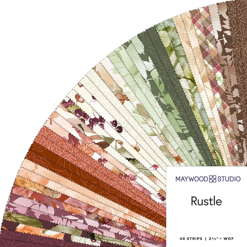 Colorful fabric strips in various patterns and shades, labeled Rustle by Maywood Studio.