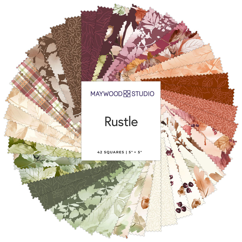 Colorful fabric squares arranged in a circular pattern, labeled Rustle by Maywood Studio.