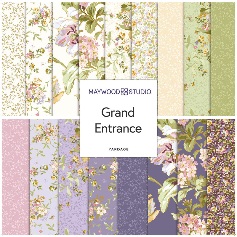 A collage of floral fabric swatches featuring pastel colors and intricate designs, labeled Grand Entrance.